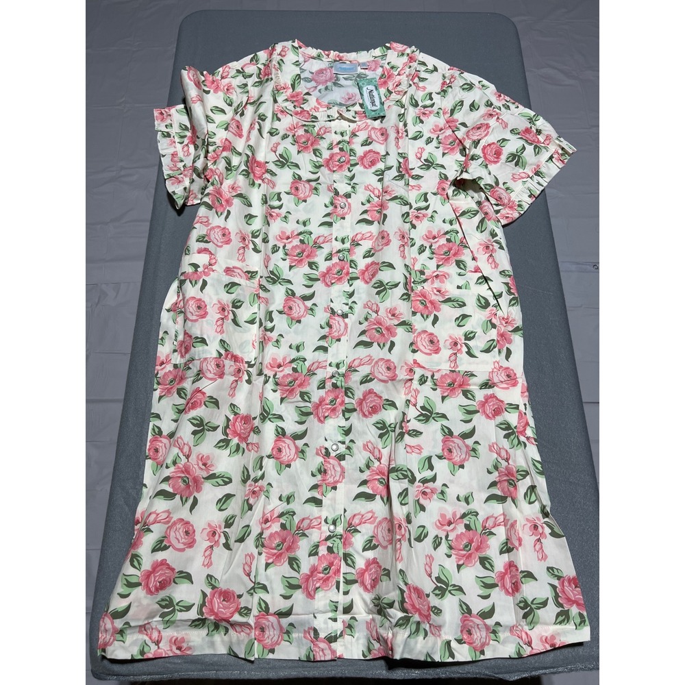 National Floral Snap Front House Dress Duster Lounger Pink Roses Robe Cotton 3X